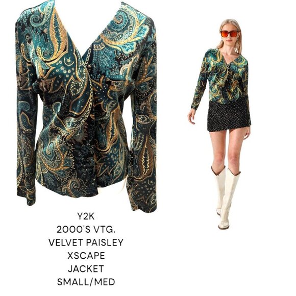 Y2K 2000'S VELVET PAISLEY SPARKLY JEWEL TONE JACKET S/M XSCAPE - Picture 1 of 4